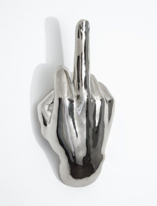 Ceramic Silver Middle Finger Sculpture Fuck Off Wall Mount 9" Home Office Art Studio Decor Gift Hook Holder
