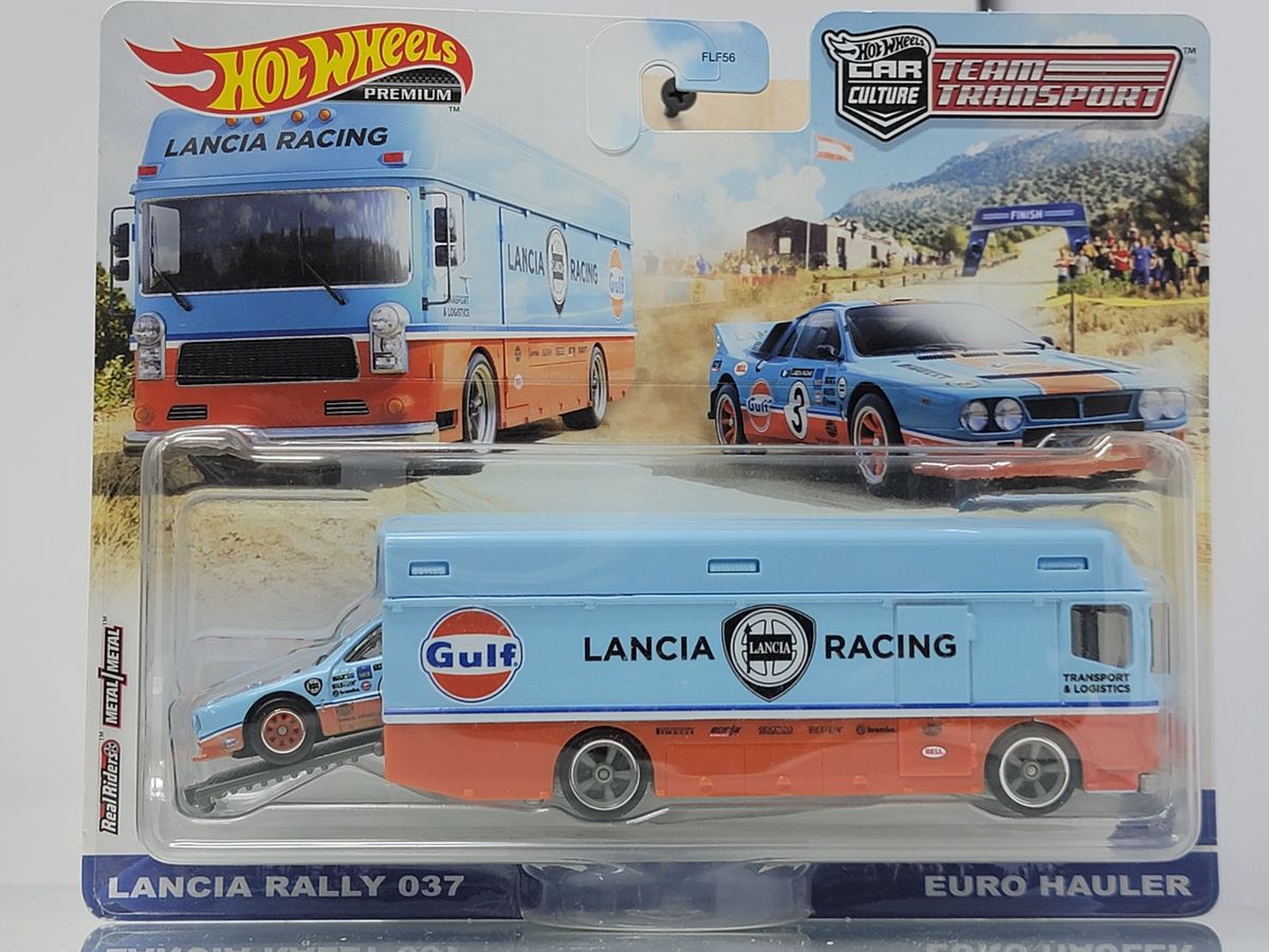 HOT WHEELS PREMIUM TEAM TRANSPORT – LANCIA RALLY 037 & EURO HAULER – GULF RACING LIVERY – SEALED