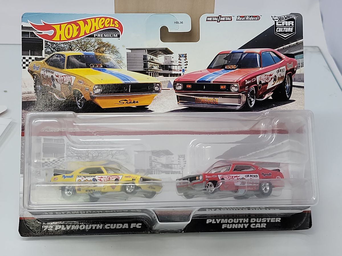 HOT WHEELS PREMIUM CAR CULTURE PLYMOUTH FUNNY CARS – ’72 CUDA FC & DUSTER (REAL RIDERS)