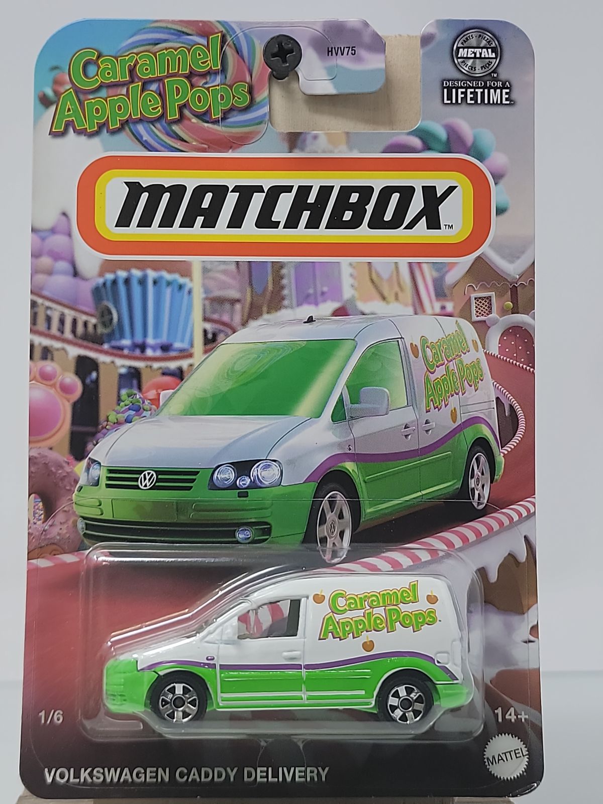 Matchbox Volkswagen Caddy Delivery – White/Green/Purple – Caramel Apple Pops – Factory Sealed