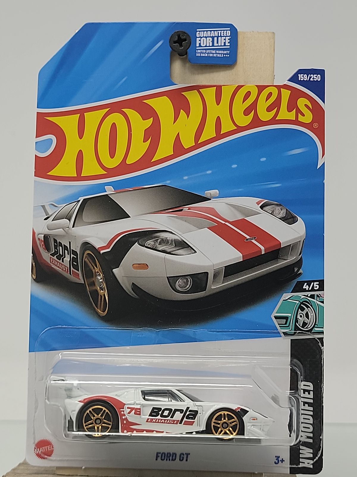 Hot Wheels HW Modified Ford GT – White with Red Racing Stripes & Gold Wheels (2023)