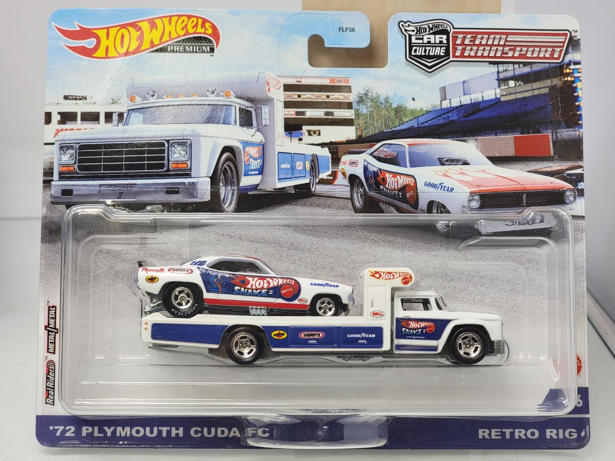 HOT WHEELS PREMIUM TEAM TRANSPORT – ’72 PLYMOUTH CUDA FC & RETRO RIG – HOT WHEELS RACING LIVERY – SEALED