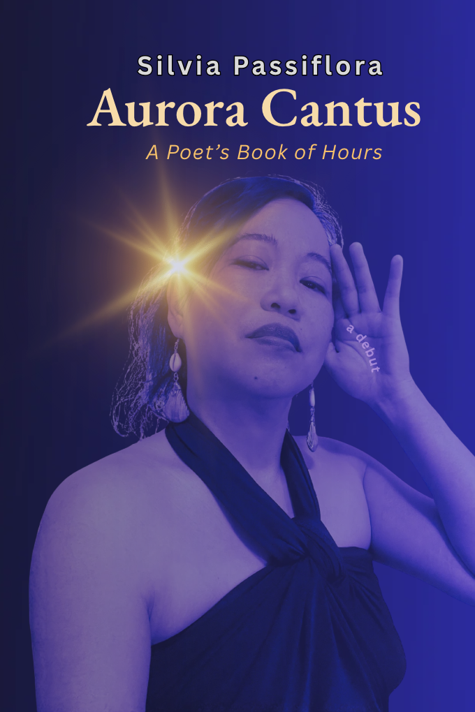 Silvia Passiflora, Southern Gothic Folk poet-songwriter, with a star behind her ear, holding her hand up to her other ear with the words