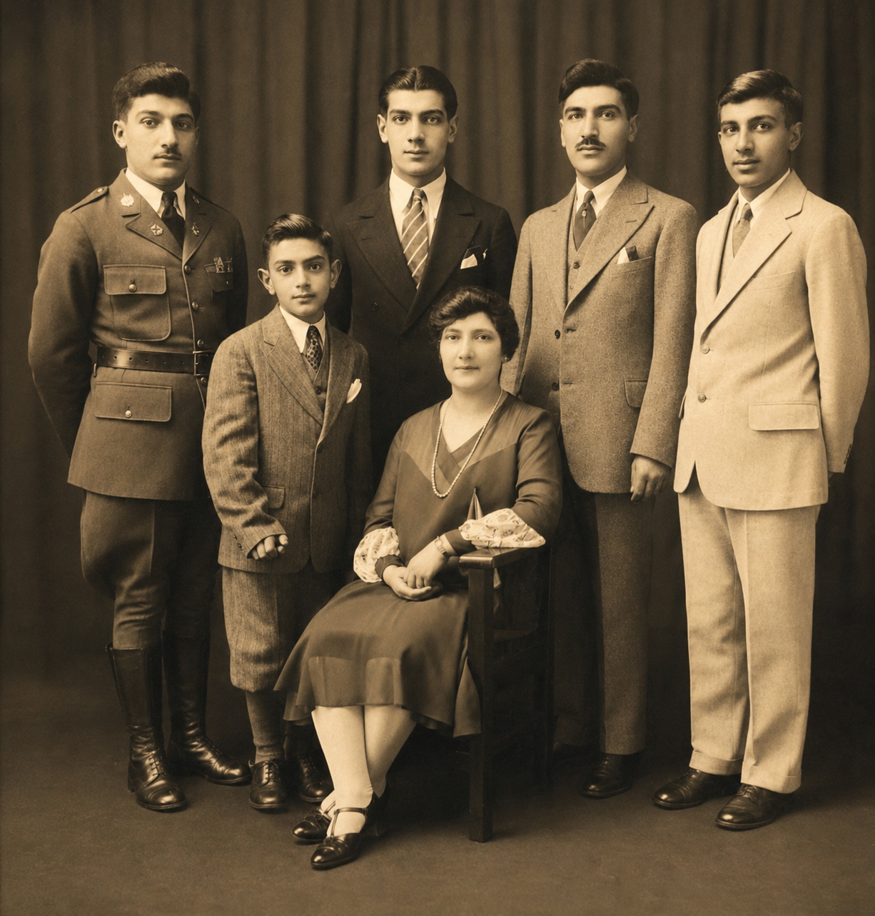 A vintage photo from the 1920s with four men, a child, and a woman sitting in a chair. The child is George Sarkisian, the youngest boy in the family. The woman in the chair is George's mother, Julia. Behind her in a grayish suit is George's father, Mesrop. Surrounding them are George's brothers. His brother Andrew is in his Marine's dress uniform. The other brothers Richard and Leo. All are in fashionable suits of the day.