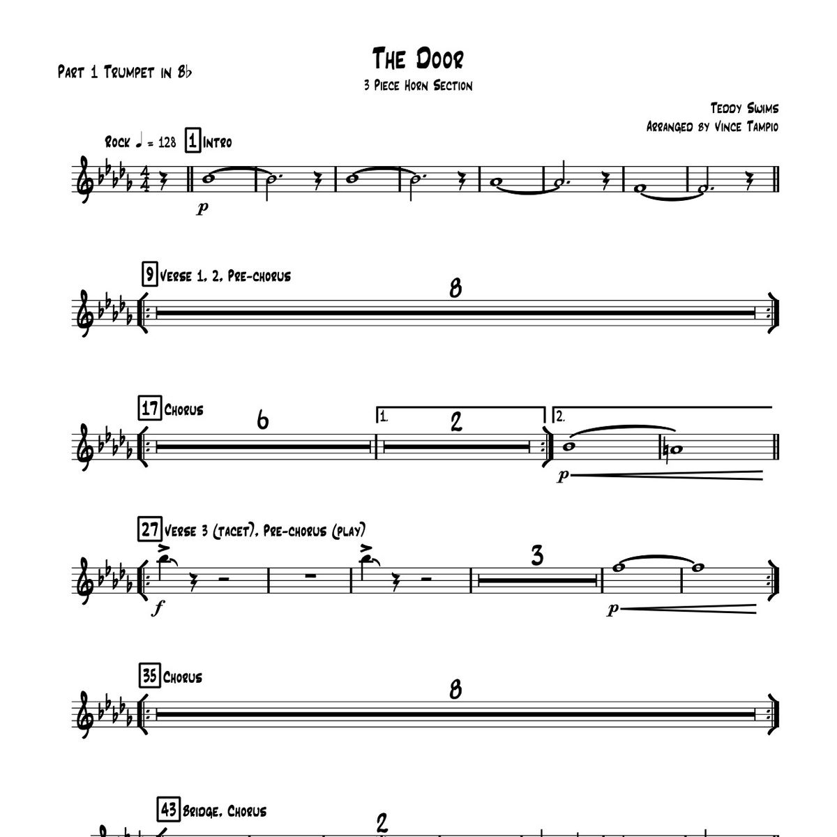 "The Door" by Teddy Swims for 3-Piece Horn Section