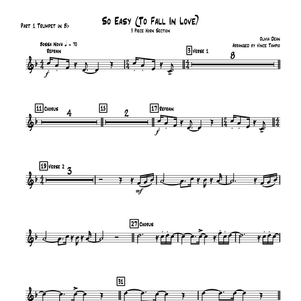 "So Easy (To Fall In Love)" by Oliva Dean for 3-Piece Horn Section