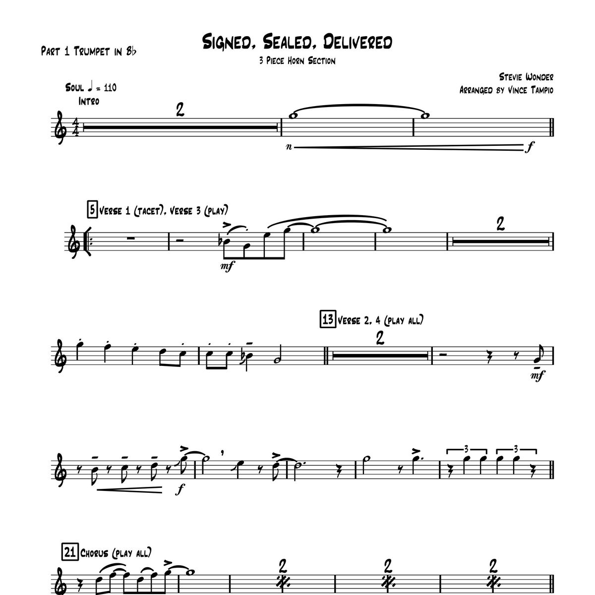 "Signed, Sealed, Delivered" by Stevie Wonder for 3-Piece Horn Section