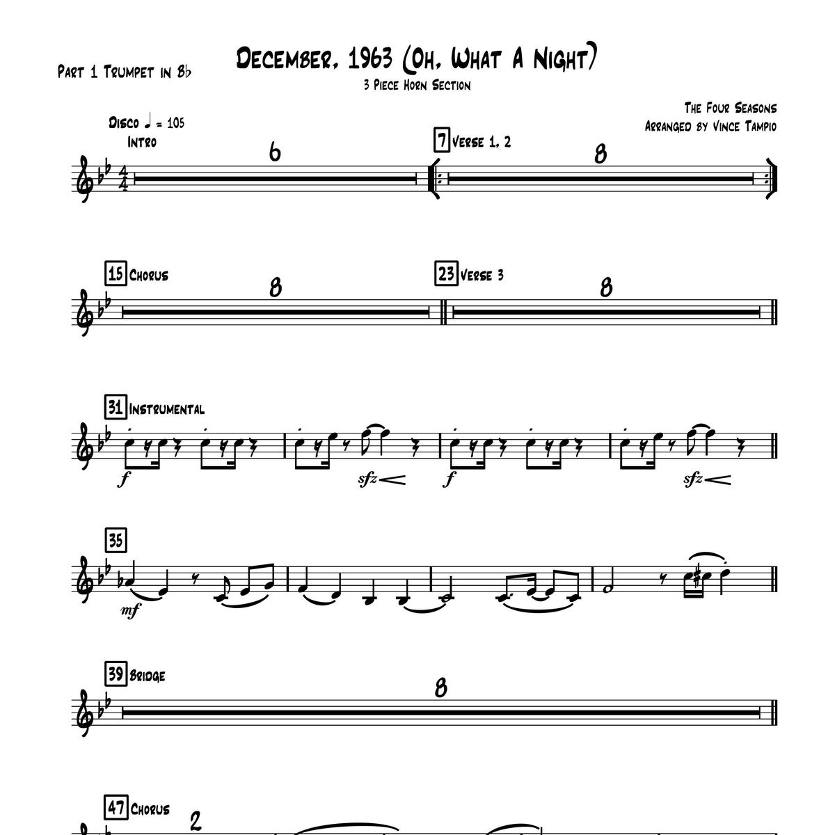"December, 1963 (Oh, What A Night)" by The Four Seasons for 3-Piece Horn Section