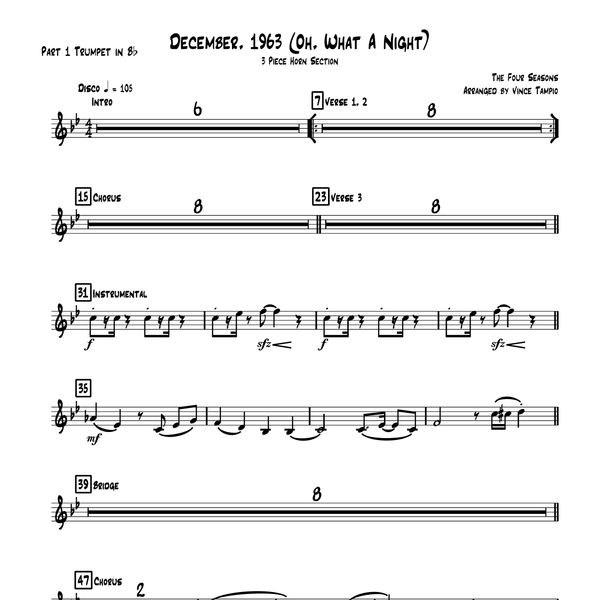 "December, 1963 (Oh, What A Night)" by The Four Seasons for 3-Piece Horn Section