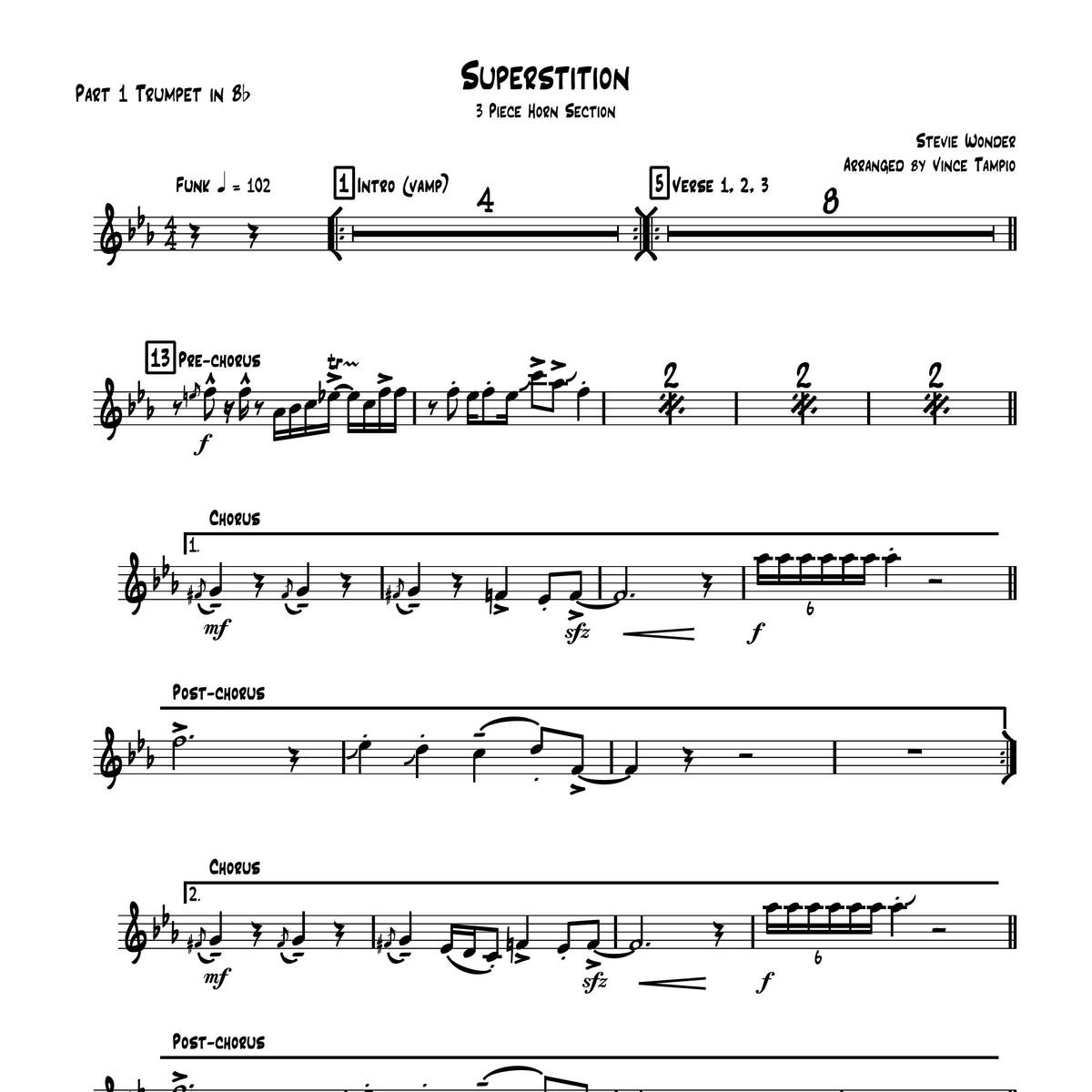 "Superstition" by Stevie Wonder for 3-Piece Horn Section