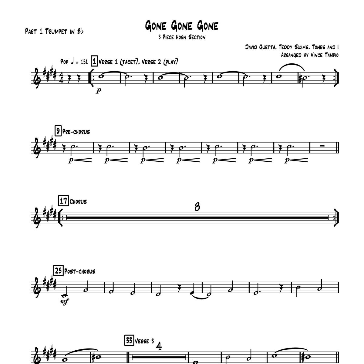 "Gone Gone Gone" by David Guetta, Teddy Swims, and Tones and I for 3-Piece Horn Section