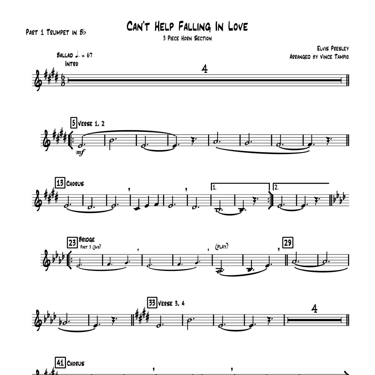 "Can't Help Falling In Love" by Elvis Presley for 3-Piece Horn Section
