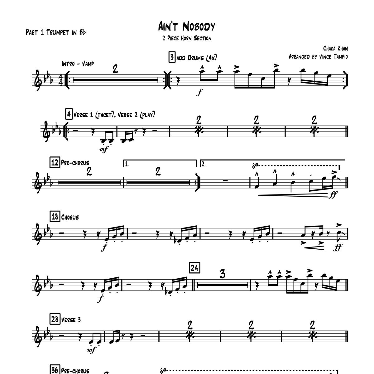 "Ain't Nobody" by Rufus and Chaka Khan for 2-Piece Horn Section