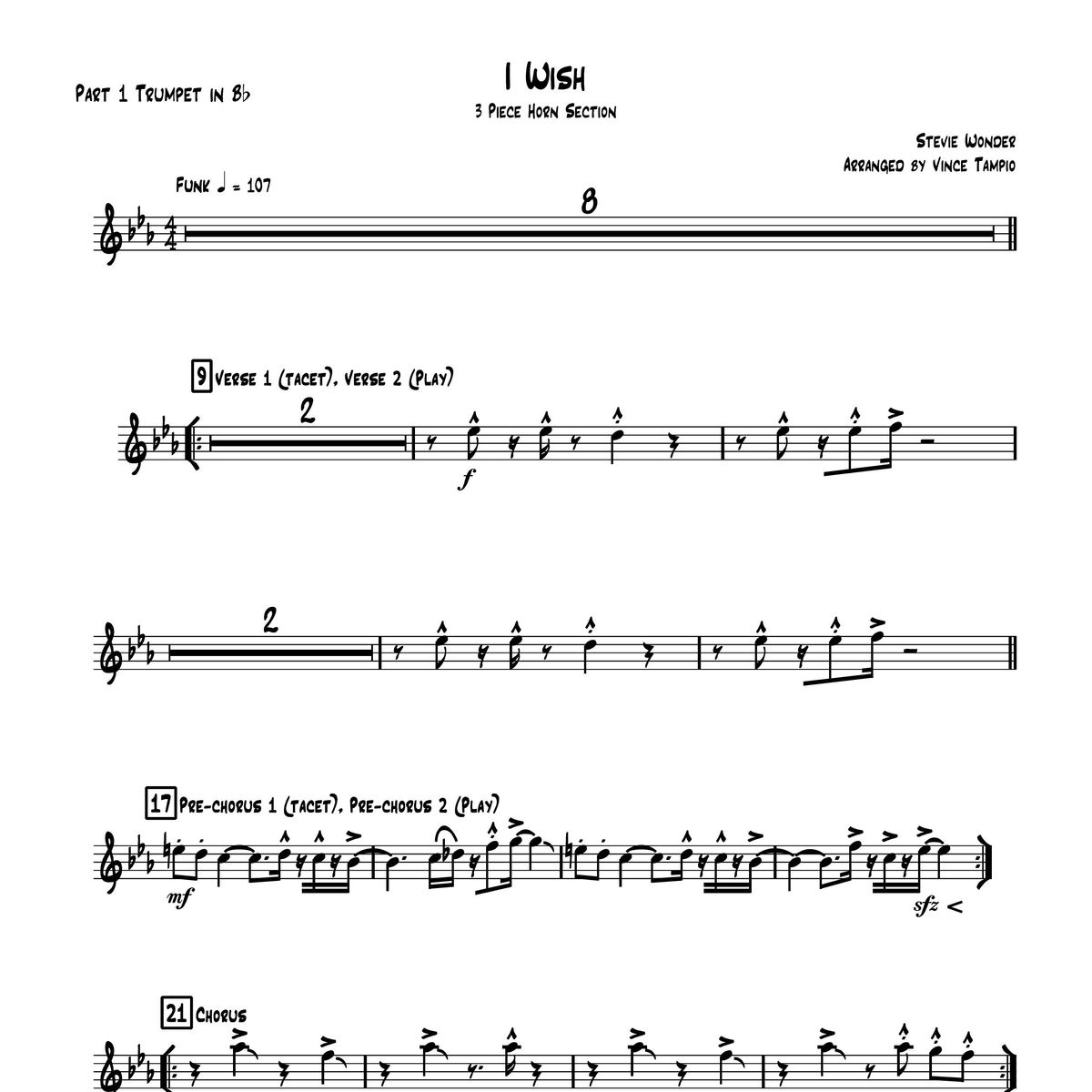 "I Wish" by Stevie Wonder for 3-Piece Horn Section