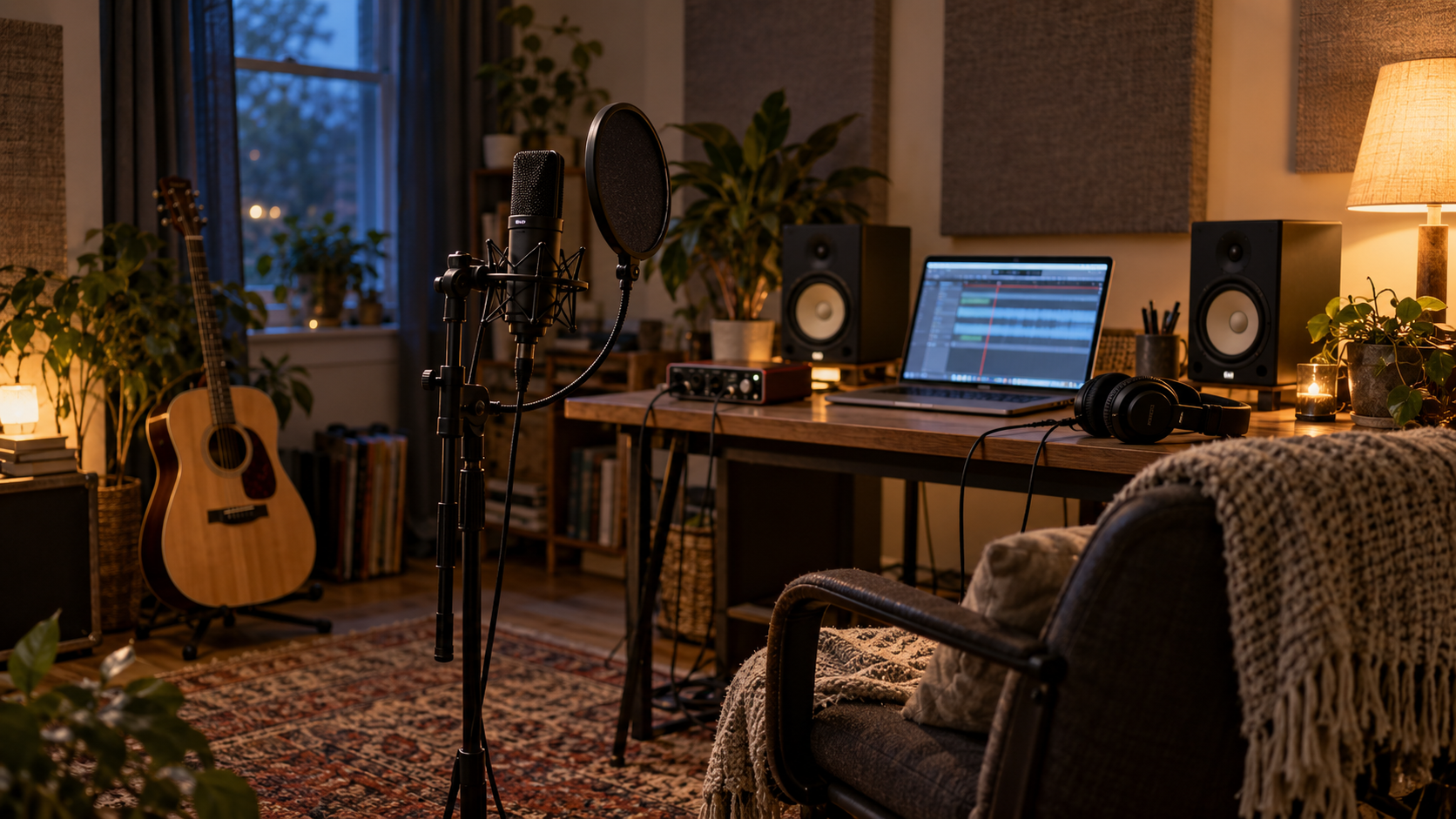 Home recording studio with a vocal microphone, pop filter, laptop, audio interface, headphones and studio monitors.