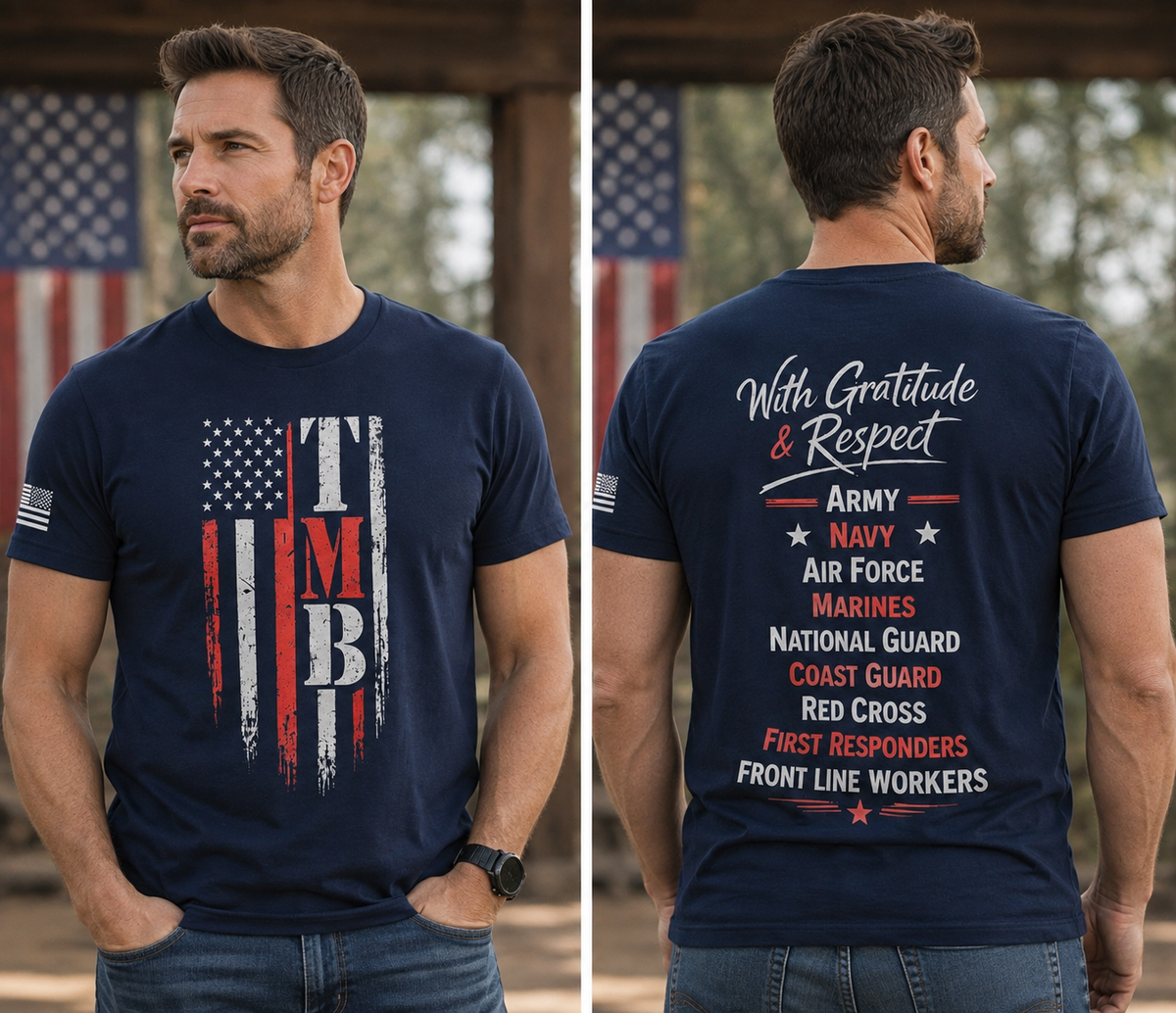 “New Labor Day Weekend Arrival” TMB Navy Blue w/TMB Flag Front & Gratitude & Respect Back (Details in Description) Unisex T-Shirt