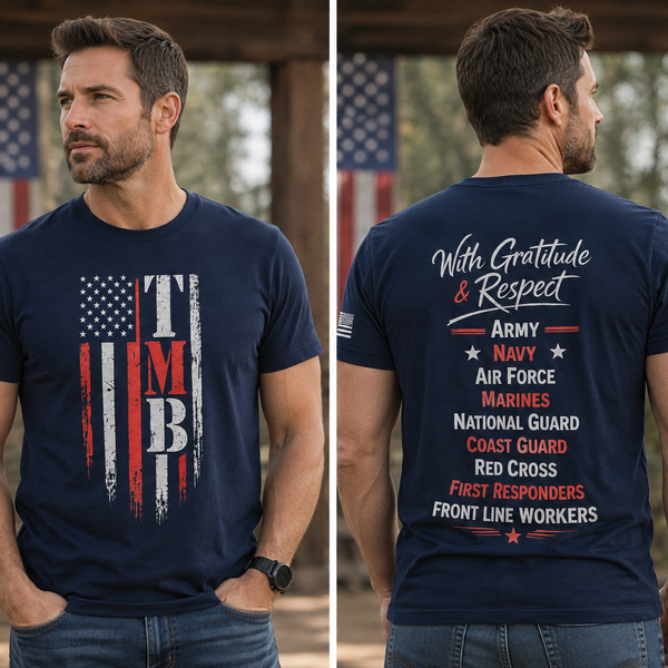 “New Labor Day Weekend Arrival” TMB Navy Blue w/TMB Flag Front & Gratitude & Respect Back (Details in Description) Unisex T-Shirt