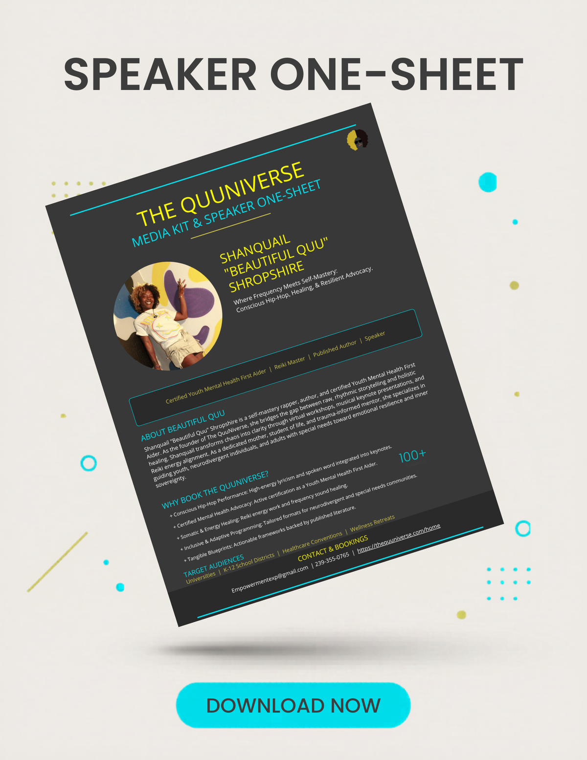 Speaker Media Kit & Booking One-Sheet - Shanquail Beautiful Quu Shropshire