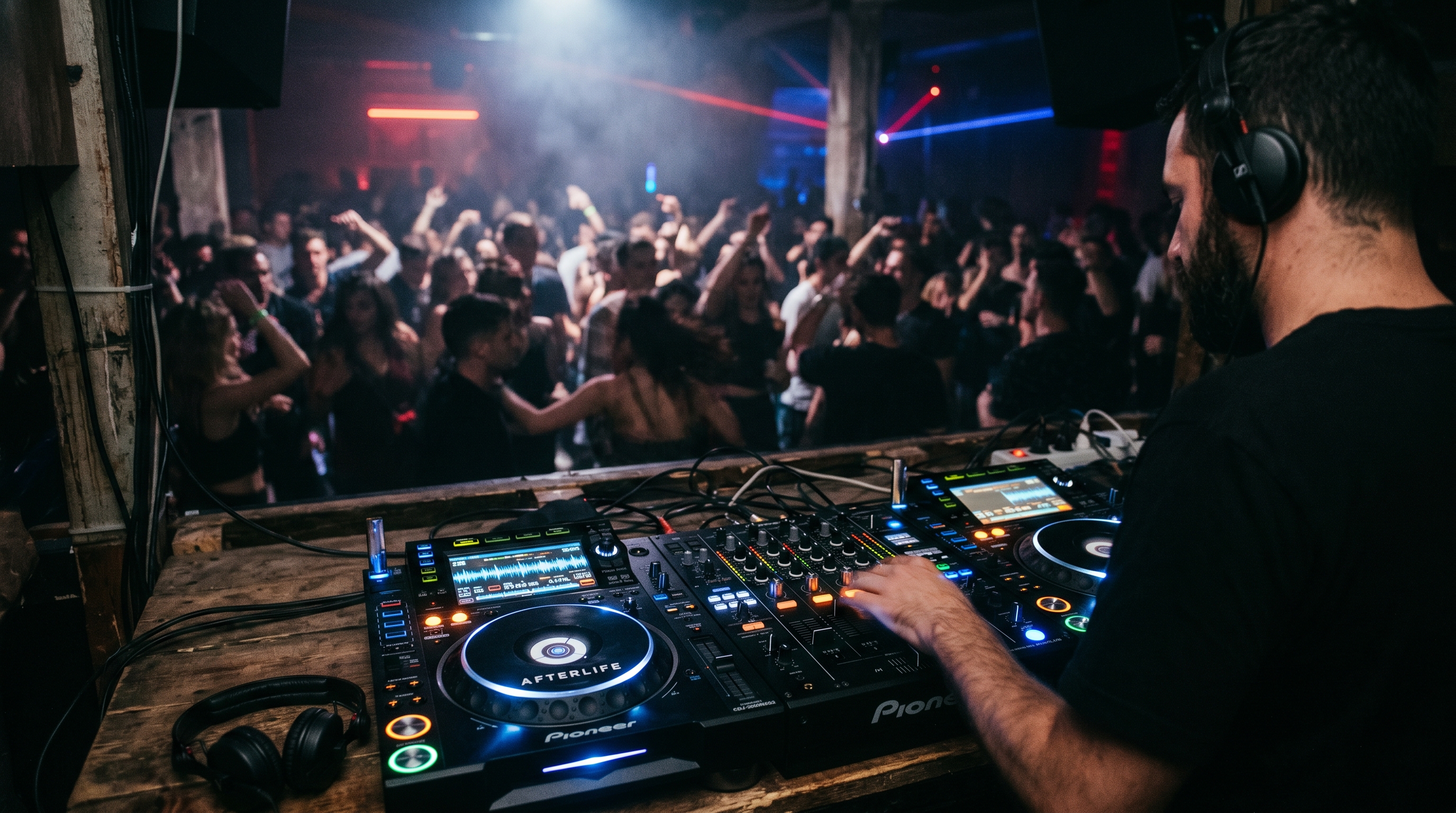 DJ performing a Minimal Deep Tech set in an underground music club