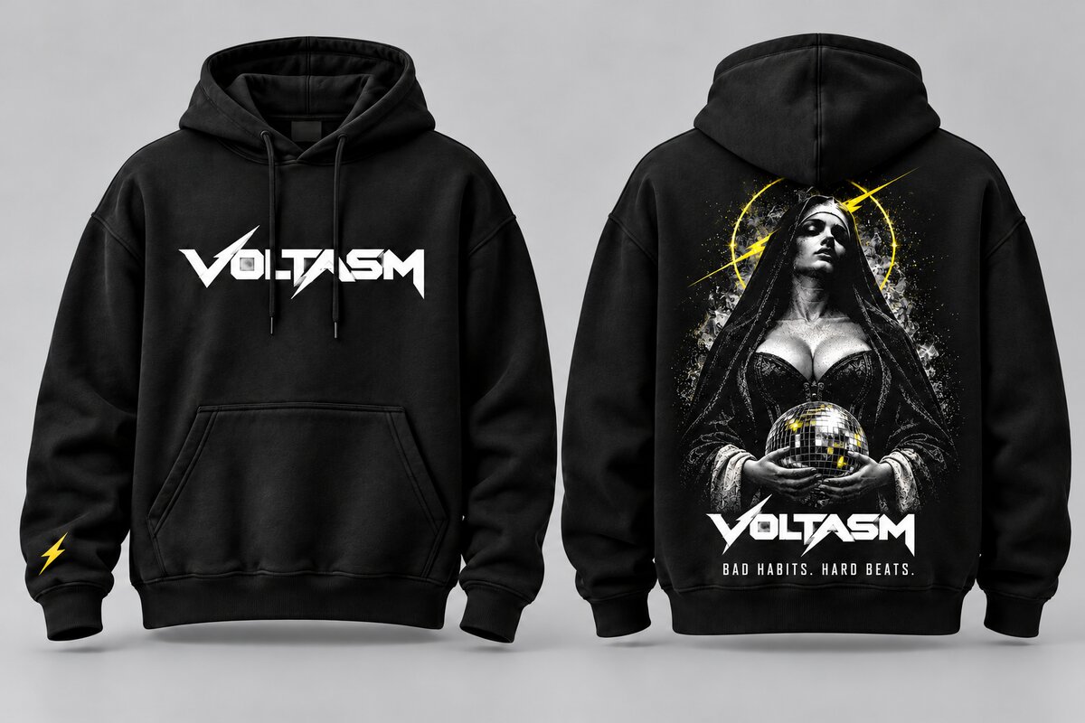 VOLTASM Nun Hoodie: VOLTASM on the front. The nun, disco ball, and Bad Habits. Hard Beats. artwork on the back.