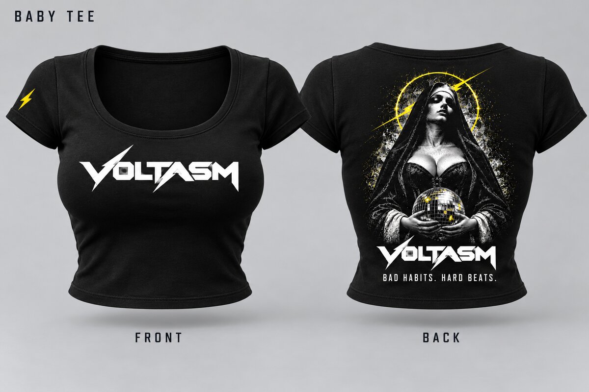 VOLTASM Baby Tee: A fitted cut with a lower neckline and the full signature graphic scaled to the back.