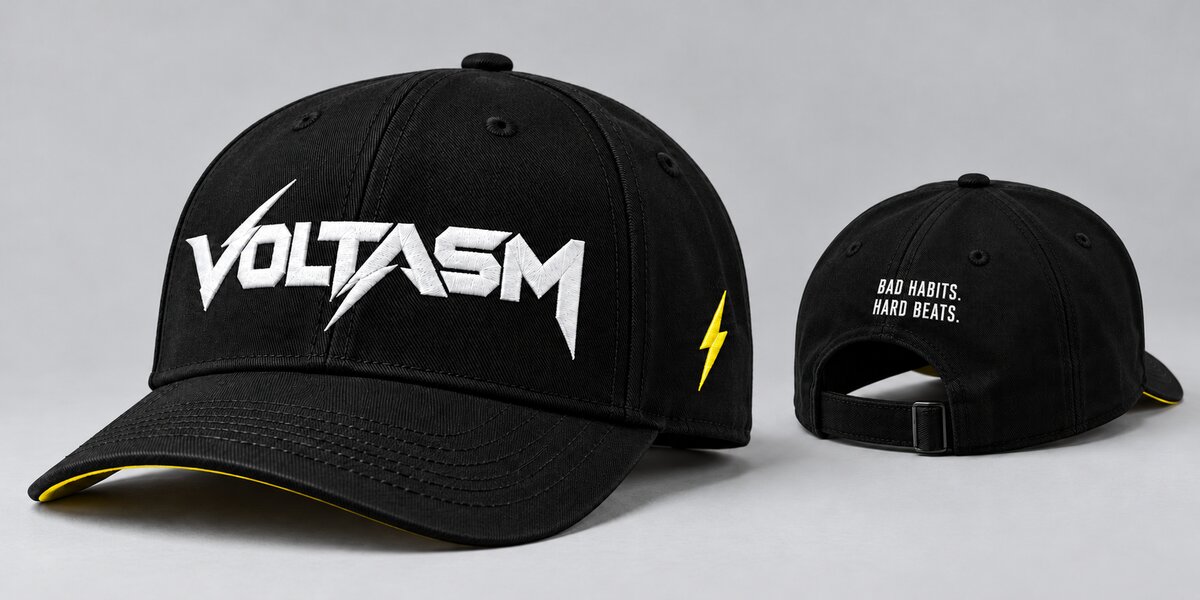 VOLTASM Embroidered Cap: White VOLTASM logo, yellow lightning, and Bad Habits. Hard Beats. across the back.