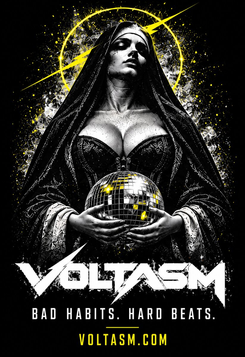 VOLTASM poster with the nun, mirrored disco ball, yellow halo, Bad Habits. Hard Beats. slogan and VOLTASM.COM