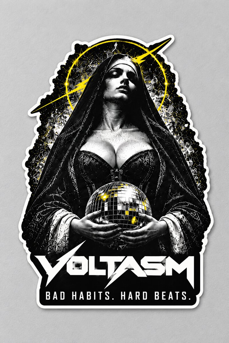 VOLTASM Nun Sticker: The signature nun and disco ball artwork with the VOLTASM logo and collection slogan.