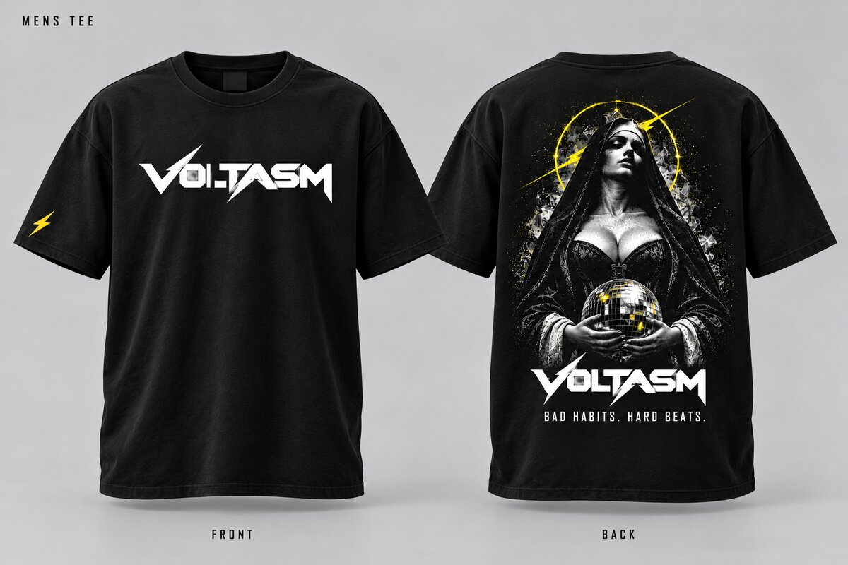 VOLTASM Men’s Tee: The same front and back design as the hoodie, with a yellow lightning detail on the sleeve.