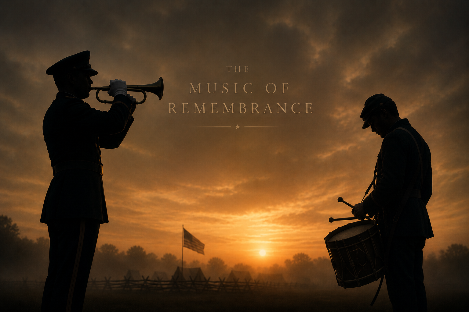 Silhouetted military bugler and drummer at sunset in a Civil War-era camp, symbolizing remembrance, military tradition, and the origins of “Taps.”