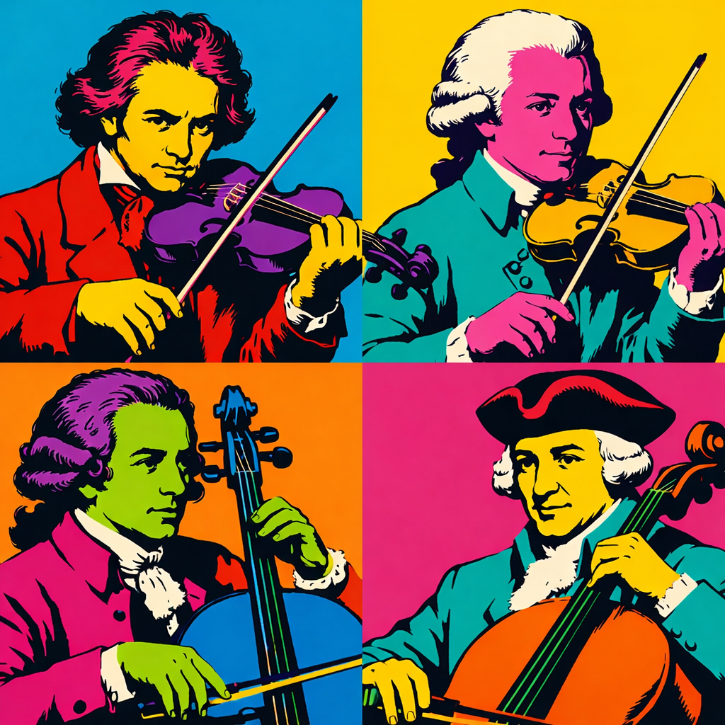 Andy Warhol-style pop art illustration of Beethoven, Mozart, Boccherini, and Haydn performing as a string quartet.