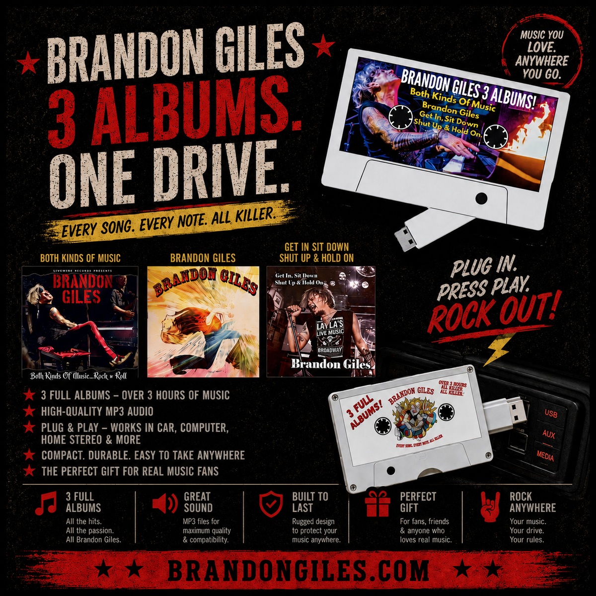 3 album USB flash drive - 3 album USB Flash Drive, smaller contains all three albums “Brandon Giles” “Both Kinds Of Music” “Get In Sit Down Shut Up & Hold On”