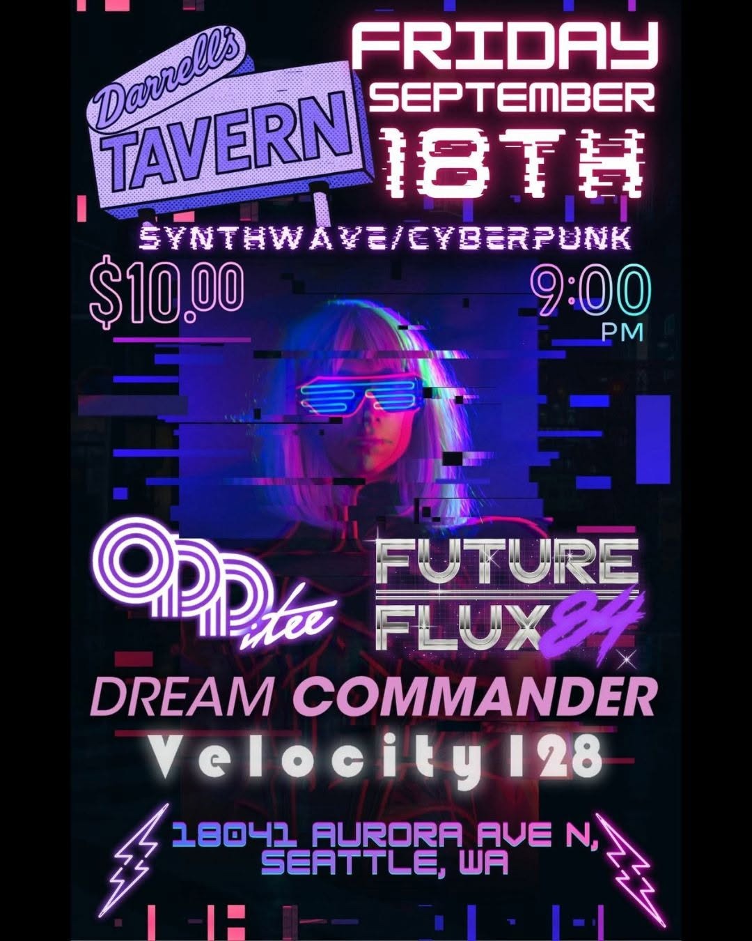 Synthwave Cyberpunk show at Darrell's Tavern in Seattle, Sep 18, 2026 featuring Future Flux 84, ODDitee, Dream Commander, Velocity 128