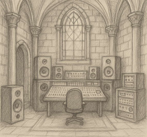 A drawing of a room with a desk and speakers
AI-generated content may be incorrect.