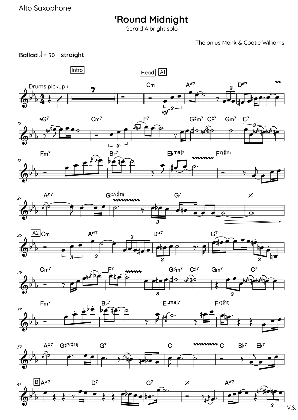 Gerald Albright – ‘Round Midnight | Alto Saxophone Transcription