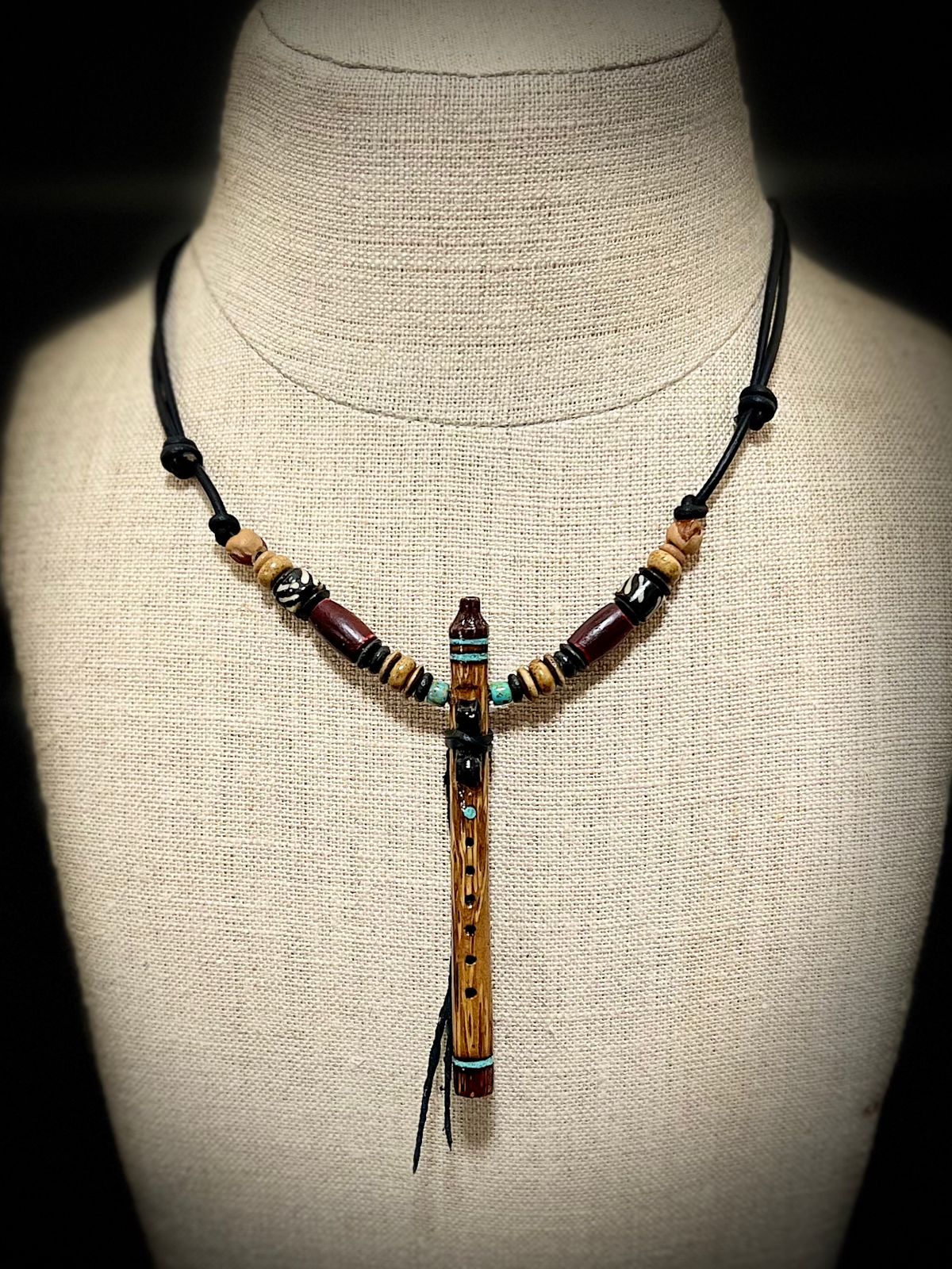 Coconut Wood Miniature Flute Pendant with Sleeping Beauty Turquoise Inlay