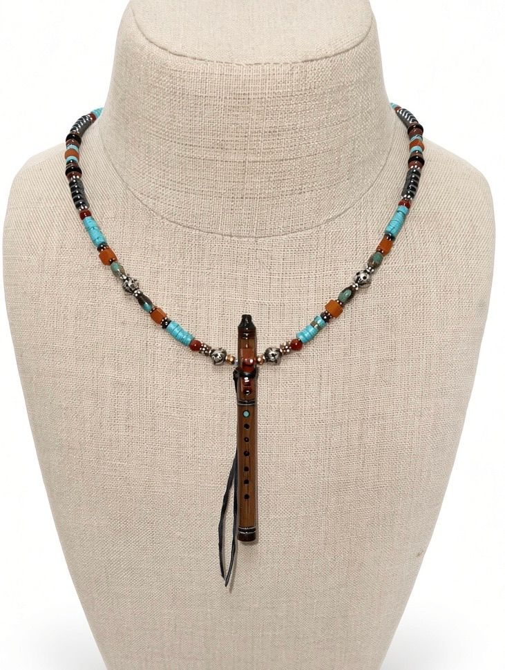 Special Edition Fully Beaded Miniature Flute Necklace: Walnut with Turquoise Inlay