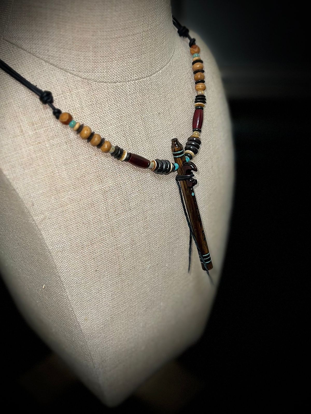 Black Limba Wood Miniature Flute Pendant with Sleeping Beauty Turquoise Inlay