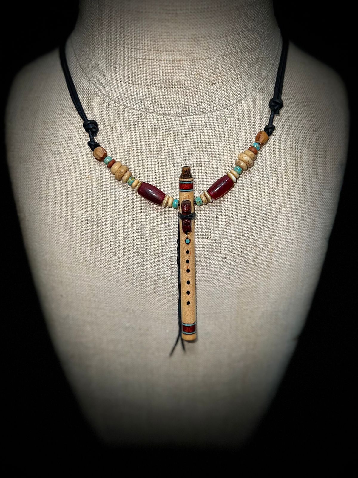 Curly Maple Wood Miniature Flute Pendant with Sleeping Beauty Turquoise Inlay