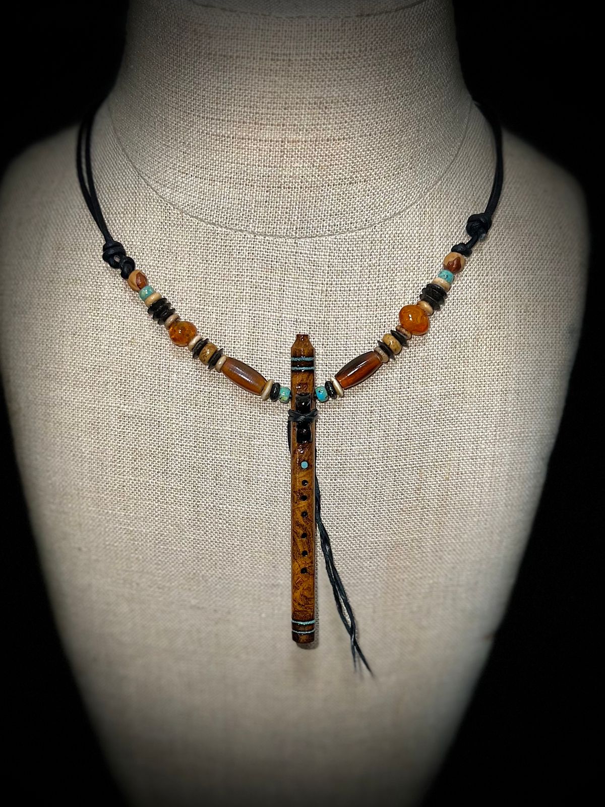 Teak Burl Wood Miniature Flute Pendant with Sleeping Beauty Turquoise Inlay