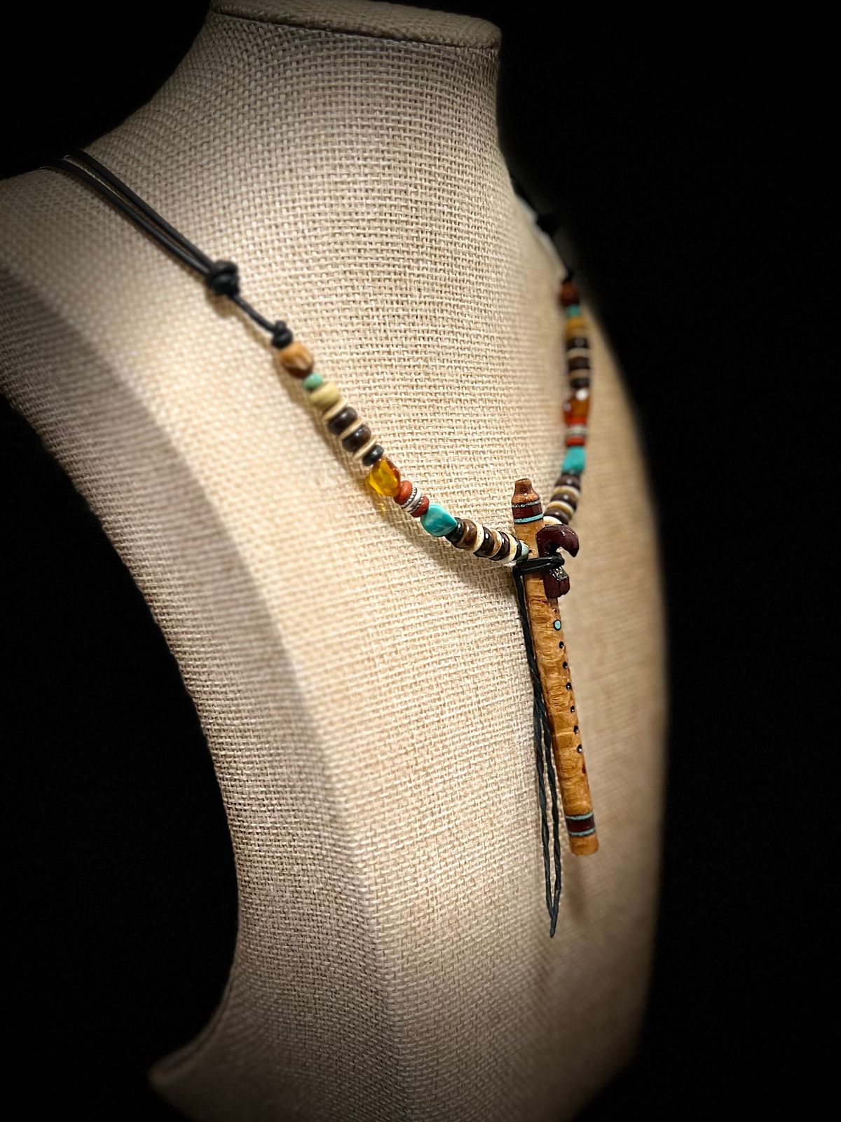 California Big Leaf Maple Burl Miniature Flute Necklace with Turquoise inlay