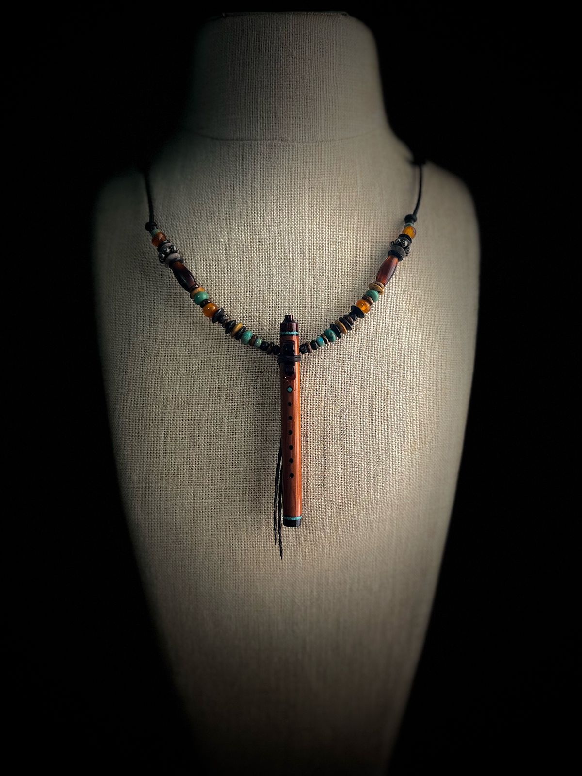 Red Cedar Miniature Flute Necklace with Sleeping Beauty Turquoise Inlay