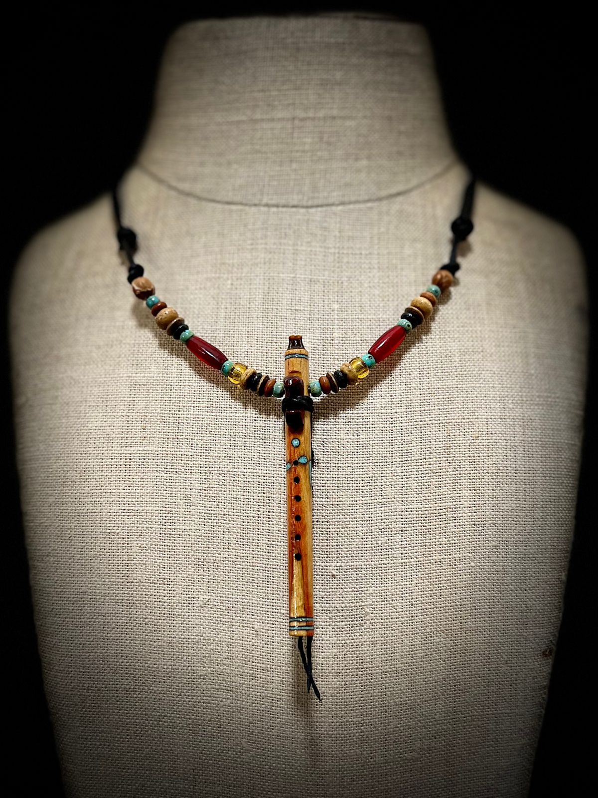 Flame Box Elder Miniature Flute Necklace with Sleeping Beauty Turquoise Inlay