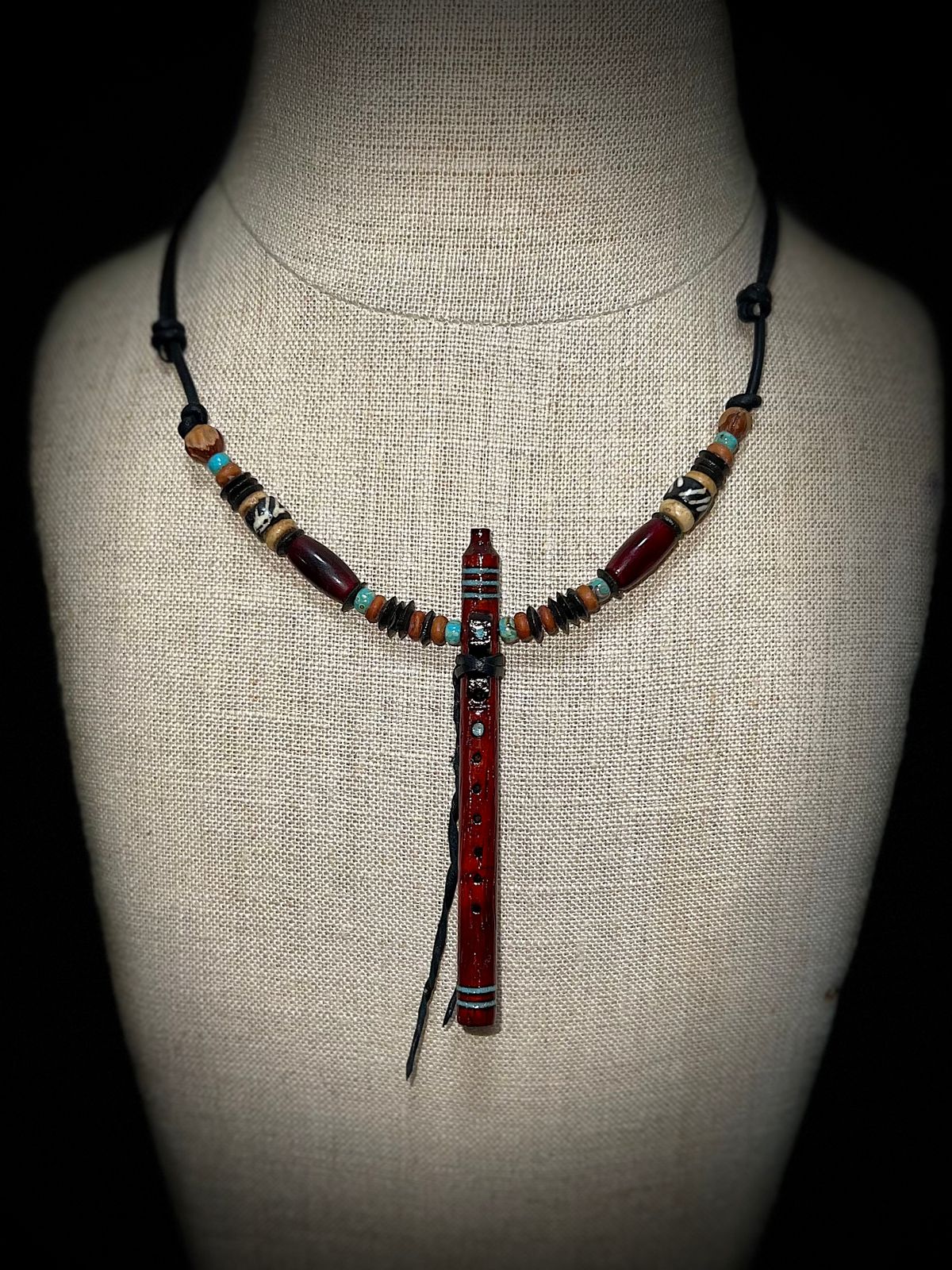 Padauk Wood Miniature Flute Pendant with Sleeping Beauty Turquoise Inlay