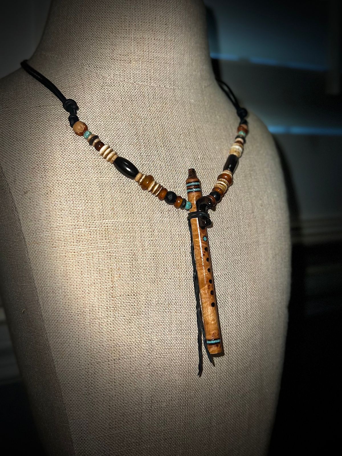 California Big Leaf Maple Burl Miniature Flute Necklace with Turquoise inlay