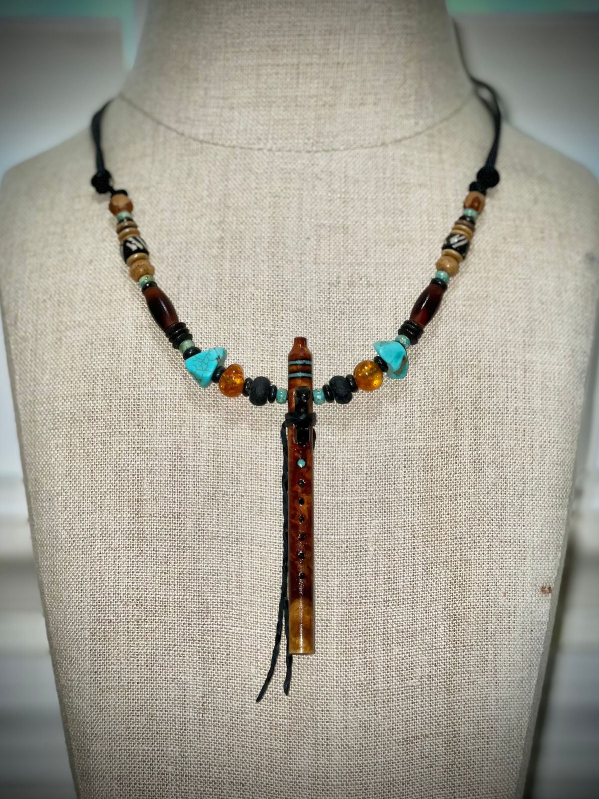 Amboyna Burl Miniature Flute Necklace with Turquoise Inlay
