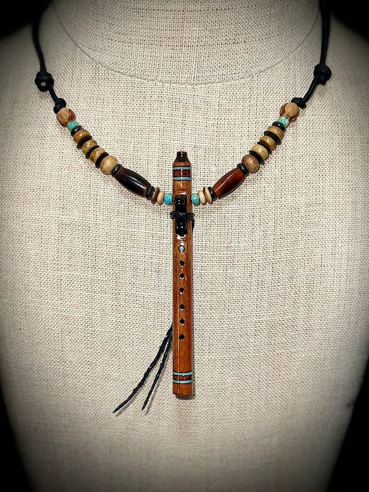 Cherry Wood Miniature Flute Pendant with Sleeping Beauty Turquoise Inlay