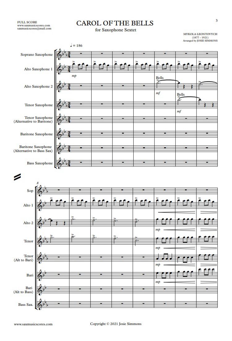 Carol Of The Bells - Leontovych (Arr. Josie Simmons for Saxophone Sextet)