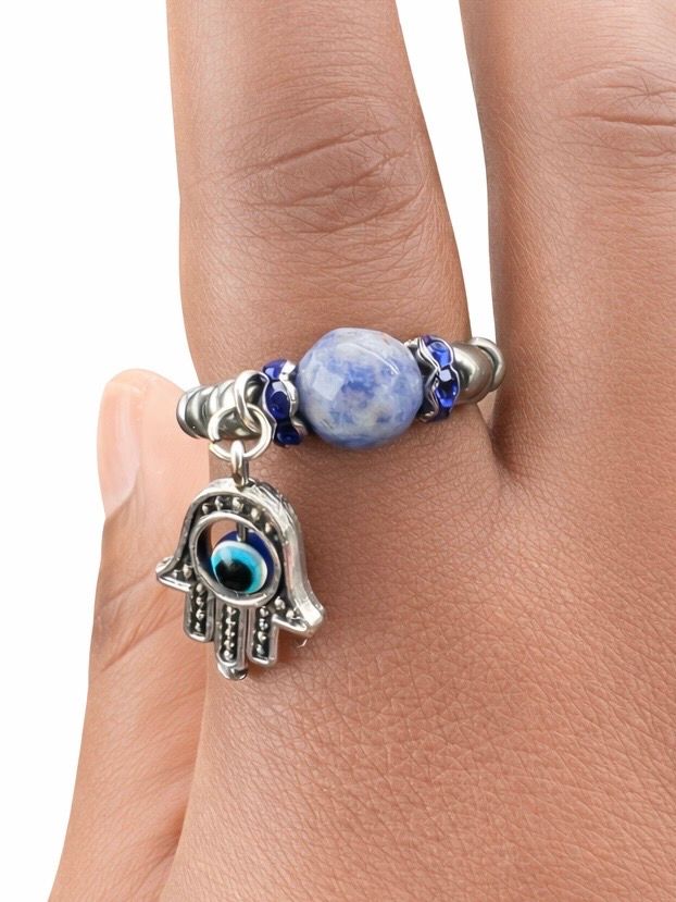 Sodalite Evil Eye dangle beaded stretch ring