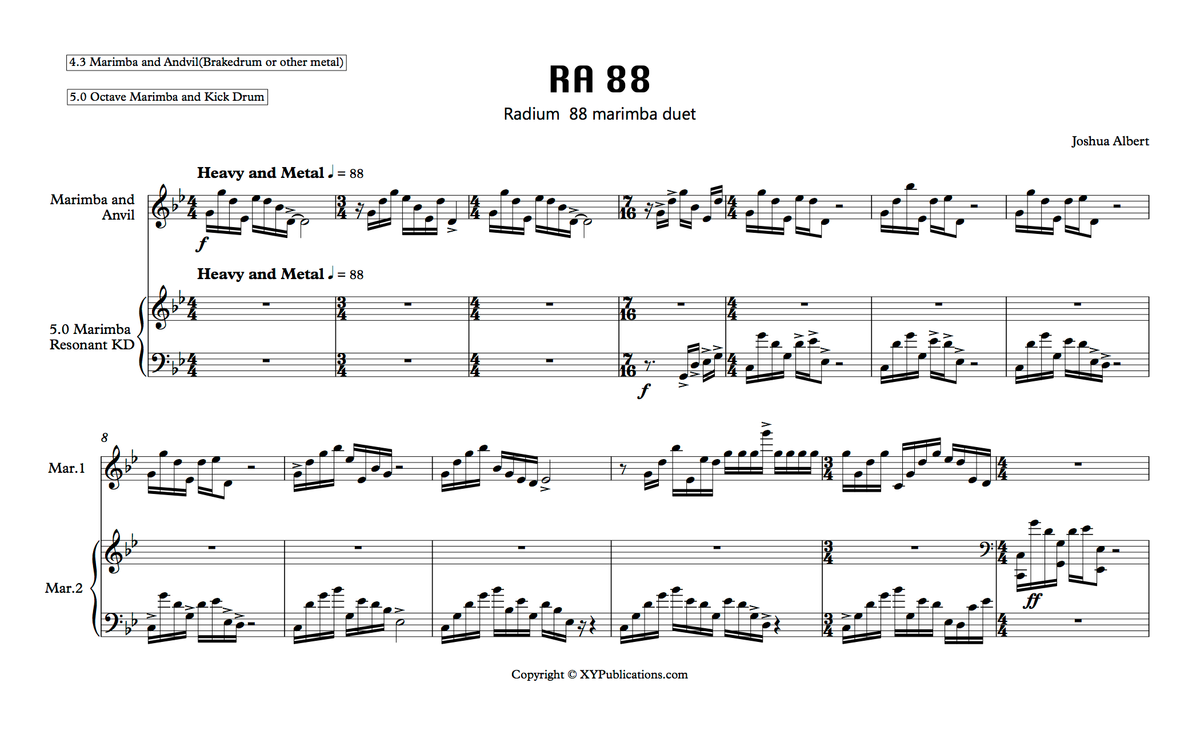 "RA 88" for Two Marimbas, Kick Drum and Anvil